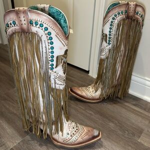 Corral Boots Fringed Stud Beige Embroidery Eagle Western Boots C4088